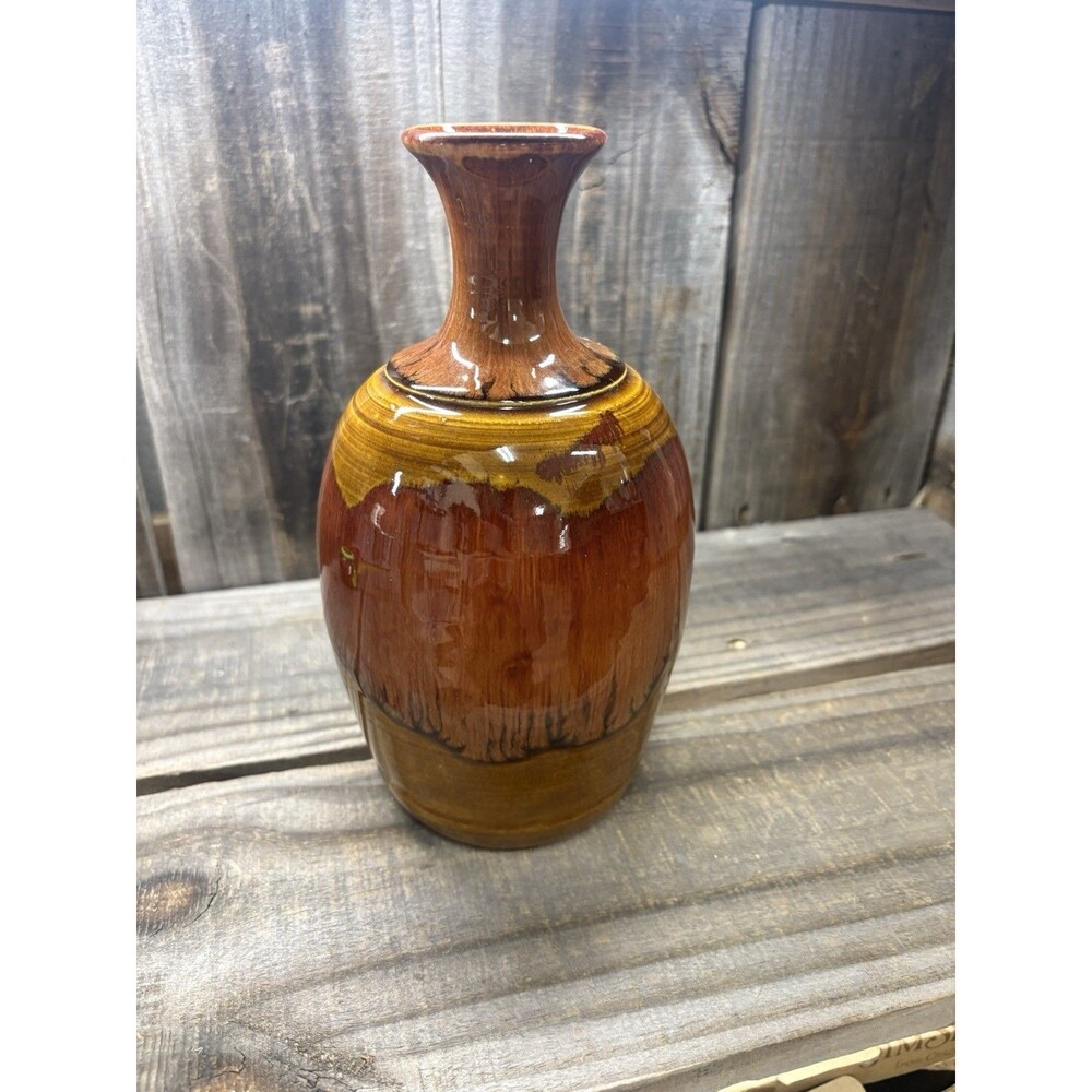 1980 Dryden Pottery Vase Decorative Brown Yellow Glossy 8 in Height Handmade